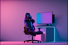 IIllustration Of Futuristic Gamer Setup, Computer And Gamer Chair, Gradient Background. AI