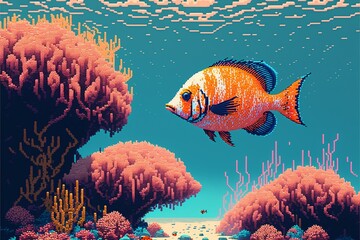 Wall Mural - Landscape with fish and corals under the sea. AI digital illustration