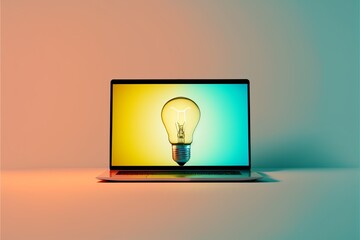 Light bulb on laptop screen, gradient background. AI digital illustration