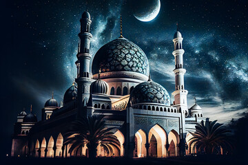 Wall Mural - Mosque building. Night blue view of starry sky. Muslim Celebration.  Generative AI.