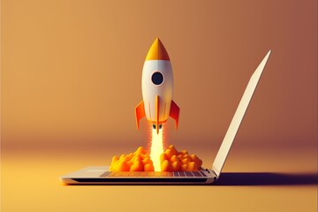 Rocket coming out of laptop screen, gradient minimalist style. AI digital illustration