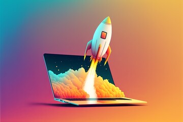 Rocket coming out of laptop screen, gradient minimalist style. AI digital illustration