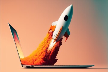 Rocket coming out of laptop screen, gradient minimalist style. AI digital illustration