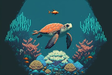 Wall Mural - Landscape with turtle fish and corals under the sea, pixel art style. AI digital illustration