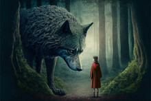 A Realistic And Dark Illustration Of Little Red Riding Hood Walking Through A Menacing And Enigmatic Forest. Use To Create Mysterious Moods Or Dramatic Scenes.