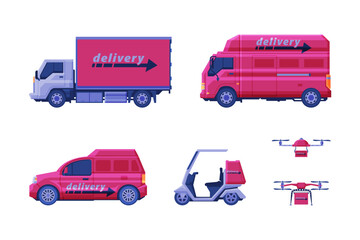 Poster - Delivery service transport set. Motorbike, truck, van, drone transportation distribution vehicles, cartoon vector illustration