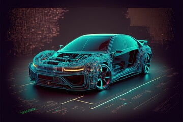 Fototapete - Hologram of the machine, scanning. Abstract virtual graphical touch user interface. Car service in the style of HUD. AI