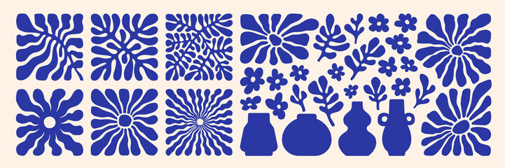 Wall Mural - Matisse curves aestethic. Groovy abstract flower art set. Organic floral doodle shapes in trendy naive retro hippie 60s 70s style. Botanic vector illustration in blue color.