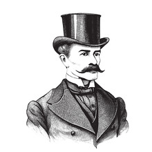Portrait Of An English Gentleman With A Mustache In A Suit And Top Hat Hand Drawn Sketch Illustration.