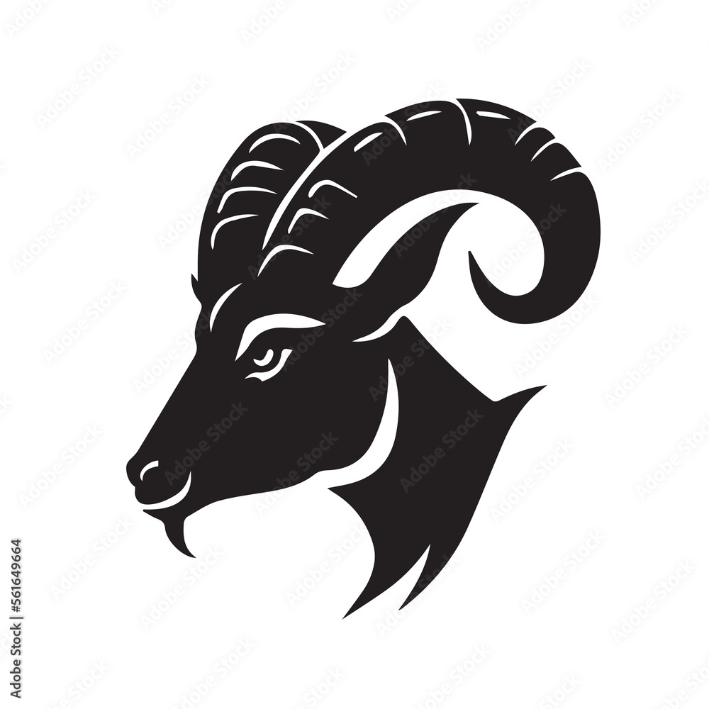 Ram vector icon. Minimal modern black and white illustration of sheep head.  Zodiac sign animal. Horned creature. Symbol of strength. Strong element.  Powerful business, company logo idea. Head of goat. Stock Vector |, image size:1000x1000
