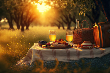 Romantic summer picnic, basket with food and drinks, warm evening light. Generative AI