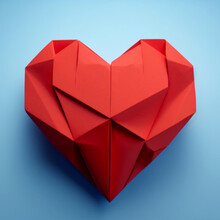 Heart. Love Background. Red Paper Origami Heart On Blue Background. Valentine Card