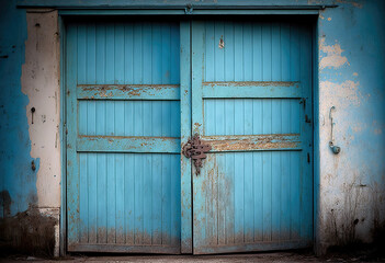 Wall Mural - close-up of a blue big old wooden door, ai generated