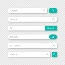 Various Search Bar Templates. Internet Browser Engine With Search Box, Address Bar And Text Field. UI Design, Website Interface Element With Web Icons And Push Button. Vector Illustration
