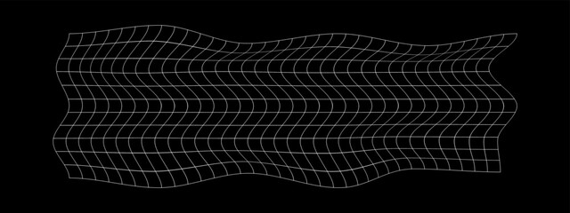 Wall Mural - distorted white grid on black background. warped mesh texture. fish net with curvatured effect. chec