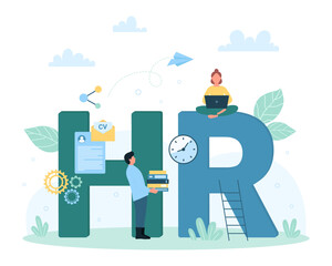 Wall Mural - HR vector illustration. Cartoon tiny people search and choose best talent professional employee, work with CV documents, personnel resume and laptop near HR word, human resources management