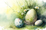 Fototapeta Mapy - watercolor image of easter eaggs between flowers in the grass, generative ai