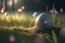 Easter Eaggs Between Flowers In The Spring Grass, Generative Ai