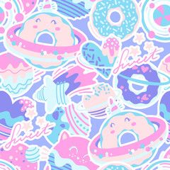 Wall Mural - Fashion abstract seamless pattern with space donuts, planet, cosmic elements. Cool background on cute style for  girl