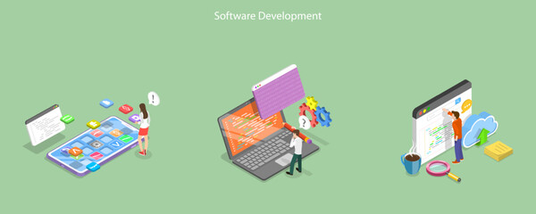 3D Isometric Flat Vector Conceptual Illustration of Software Development, Creating UX UI User Interface and User Experience Process