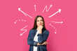 canvas print picture - Choice in profession or other areas of life, concept. Making decision, thoughtful young woman surrounded by drawn arrows on pink background