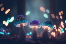 Detailed View Of Three Mystical, Luminous Mushrooms In A Forested Setting Steeped In Mystery. Generative AI
