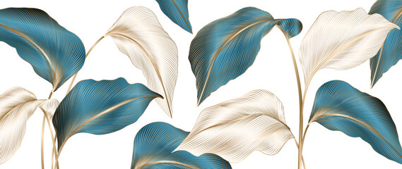 Luxury art background with hand drawn tropical leaves with golden details in line style. Botanical banner for decoration design, print, textile, wallpaper, interior design, packaging.