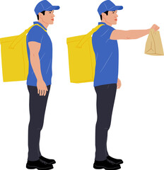 Wall Mural - Set of hand-drawn delivery guy with a backpack. Delivery man with a package. Vector flat style illustration isolated on white. Full-length view	