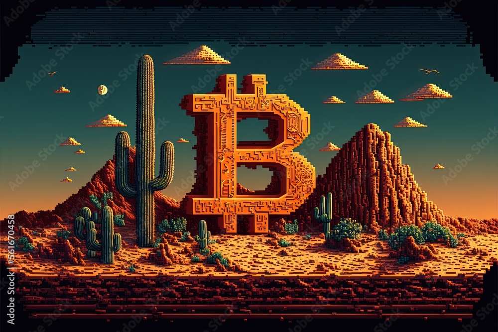 Pixel art bitcoin logo in desert, background in retro style for 8 bit ...