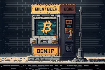 Pixel art bitcoin ATM, bitcoin machine, background in retro style for 8 bit game, Generative AI