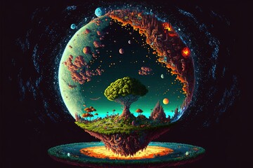 Pixel art fantasy mini planet, background in retro style for 8 bit game, Generative AI