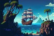 Pixel art pirate ship sailing near the island, background in retro style for 8 bit game, Generative AI