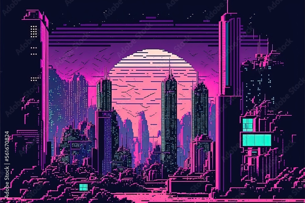 【返品不可】 art Pixel Ilustração city in background style, vaporwave in アクセサリー