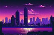 Pixel art city in vaporwave style, background in retro style for 8 bit game, Generative AI