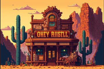 Pixel art wild west town building, wild west city background in retro style for 8 bit game, Generative AI