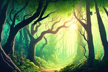 Fantastic Trees In A Beautiful, Enchanted Woodland. Sunlight, Trees, And A Forest Scene. Generative AI