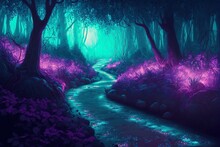 Purple And Cyan Enchanted Woodland Of Fantasy And Myth Generative AI