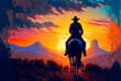 © Sunshower Shots - Cowboy riding into the sunset, acrylic painting, copyspace. Generative AI
