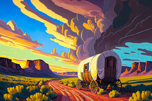 The Oregon Trail, Covered Wagon, Acrylic Painting. Generative AI