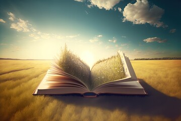 Wall Mural - A book lying open on the grass under a bright blue sky. Generative AI