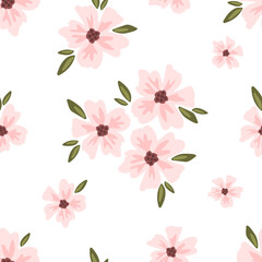 Wall Mural - Simple calm floral vector seamless pattern. Delicate pink sakura flowers on a white background. For fabric prints, textile products.
