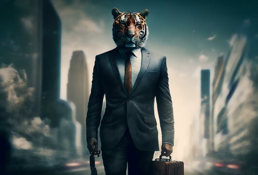 tiger in a suit holding a briefcase and standing in front of a skyscraper, symbolising the power of business to shape the future (AI Generated)
