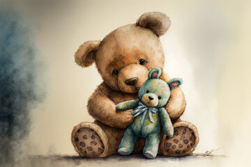 Wall Mural - Teddy bear hold stuffed animal  watercolor, Generative AI