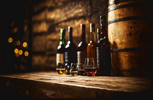 Wine Wooden Table Background. Blurred Wine Shop With Bottles. Created With Generative Ai Technology.