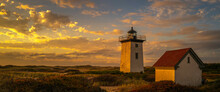 Wood End Lighthouse In Provincetown On Cape Cod, Massachusetts, USA, Oceanside Beach Seascape At Golden Sunset