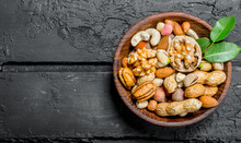 Different Types Of Nuts In Bowl.