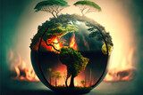 Fototapeta Do przedpokoju - A globe with map of south america. Inside and outside a burning forest. Symbolic image of global warming with devastating consequences for the earth. AI generated