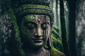 ancient buddha statue in the green forest, photo-realistic illustration of a buddha sculpture, wallp