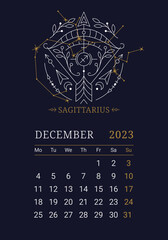 Wall Mural - 2023 Astrology wall monthly calendar with Sagittarius zodiac sign. Vertical december calendar template with zodiac constellation on blue sky, week starts on Sunday thin line vector illustration