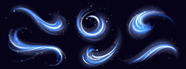 Wall Mural - cold winter light effect, swirl bright twinkle line. wind vortex blow with snowflakes, blue blizzard